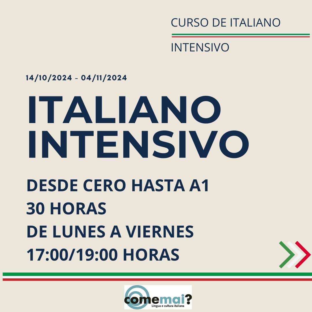 Grafica de la academia de Italiano come Mai para anunciar el curso intensivo de italiano de octubre 2024